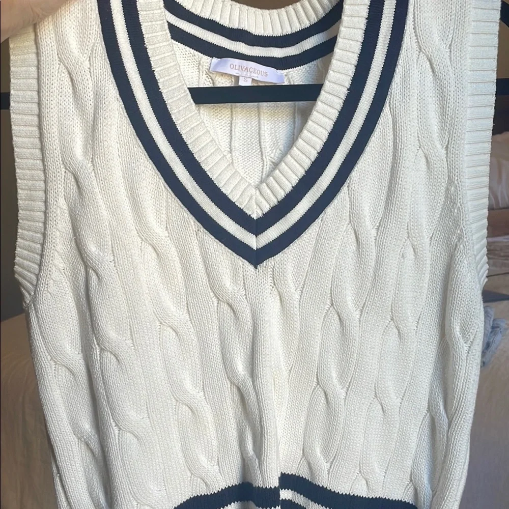 White Cable Knit Sweater Vest with Navy Stripes, EUC - Picture 4 of 4